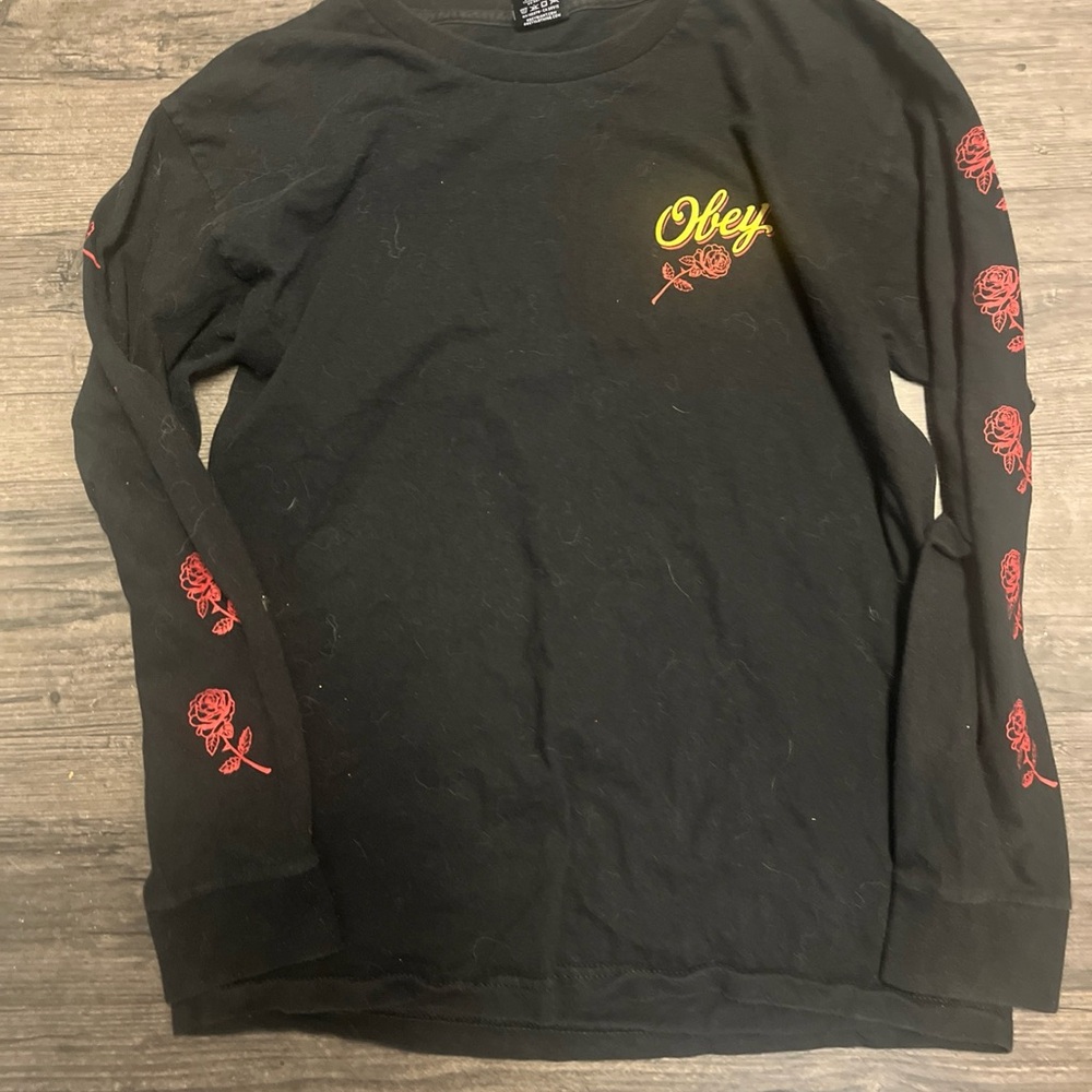 Obey Black Long-Sleeve Shirt with Yellow Logo and Red Rose Graphics